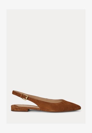 Brown suede slingback flat shoes with a pointed toe, adjustable buckle strap, and a low, chunky heel. Smooth texture and minimal design details.