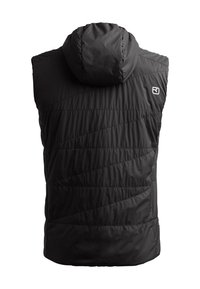 Schwarze, gepolsterte Weste mit Kapuze, die diagonale Steppnähte und ein Logo auf der oberen rechten Seite aufweist. Leichtes, isolierendes Material.
