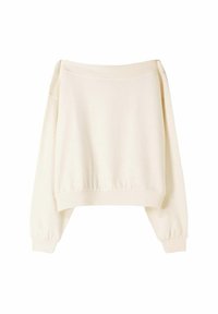 Kremowy, skrócony sweatshirt z szerokim dekoltem, prążkowanymi mankietami i dołem. Miękka faktura, luźne rękawy i prosty design.