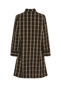 Ternede frakke med brun base og beige og grå linjer, skræddersyet pasform, lange ærmer og krave. Bagtillbillede viser længde og design.