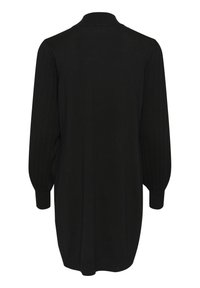 Schwarze Strickjacke mit langen, gerippten Ärmeln, einem hohen Kragen und einer lockeren Passform. Weicher Strickstoff mit glatter Oberfläche.