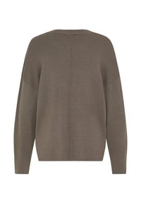Pull en olive, à manches longues, avec une coupe décontractée, col bateau large et texture côtelée. Présente une couture centrale dans le dos.