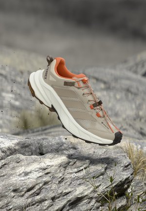 Beżowo-pomarańczowy but turystyczny z grubą podeszwą, etykietą GORE-TEX i marką "TERREX", pokazany nad skalistym terenem.