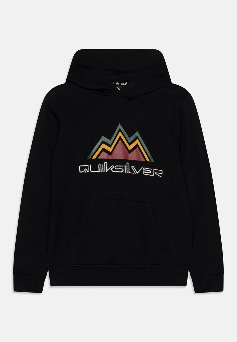 Felpa nera con grafica di una montagna in verde, rosso e giallo, con tasca a marsupio e polsini a costine. Logo Quiksilver in basso.