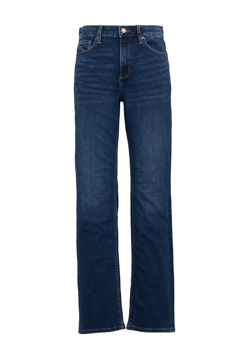 Dunkelblaue Jeans aus Denim mit geradem Bein, ausgestattet mit einem Knopfverschluss, fünf Taschen und dezenten Auswaschungen.