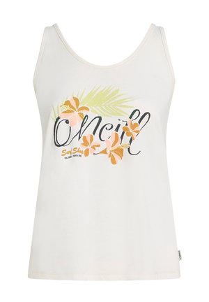 Weißes Tanktop aus Baumwolle mit floralem Design, das orange und pinke Blumen, grüne Blätter und schwarzen Text zeigt. Der Saum hat ein genähtes Etikett.