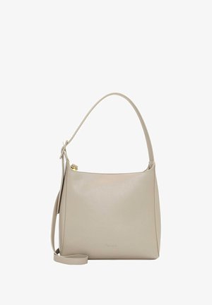 Beige leather shoulder bag with a curved handle and an additional detachable strap against a white background.
