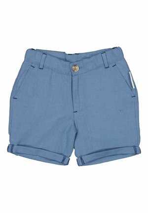 Lyseblå bomuldsshorts med opkrogede manchetter, forreste knap, bæltestropper og sidelommer.