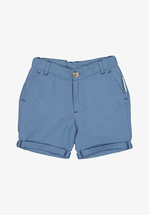 Lyseblå bomuldsshorts med opkrogede manchetter, forreste knap, bæltestropper og sidelommer.