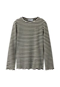 Schwarz-weiß gestreiftes Langarmshirt mit Rundhalsausschnitt, das ein kleines Herzdetail auf der Brust und einen gewellten Saum hat.