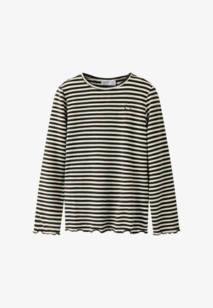 Black and white striped long-sleeve shirt with a round neckline, featuring a small heart detail on the chest and a scalloped hemline.