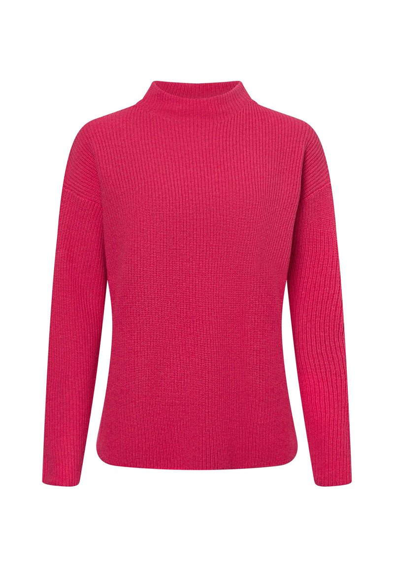 Fitted sweater met hoge hals in felroze. Geribbelde textuur, lange mouwen met een lichte drop shoulder en een effen patroon. Zacht, cozy materiaal.