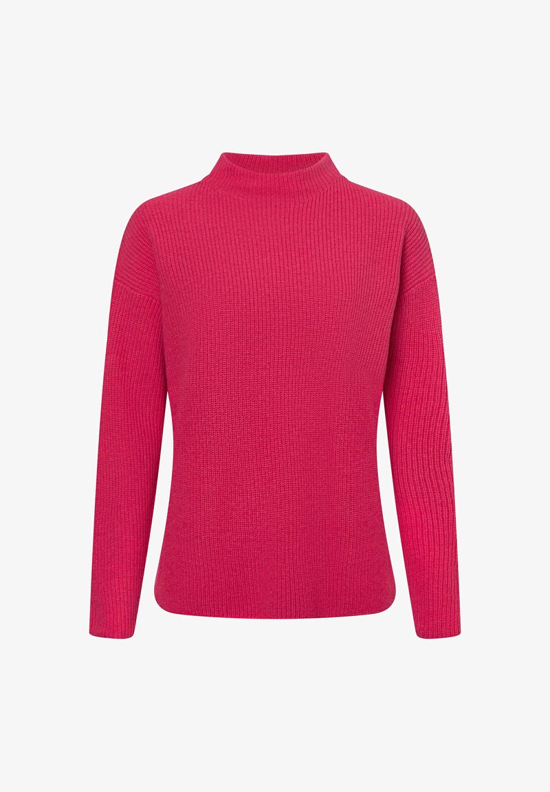 Enger, hochgeschlossen Pullover in leuchtendem Pink. Gerippte Textur, lange Ärmel mit leicht gesenkten Schultern und einfarbigem Muster. Weicher, kuscheliger Stoff.