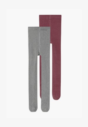 Twee paar panty' s in grijs en bordeauxrood, gemaakt van zachte, rekbare stof. Het grijze paar is iets korter en beide hebben een gladde textuur.