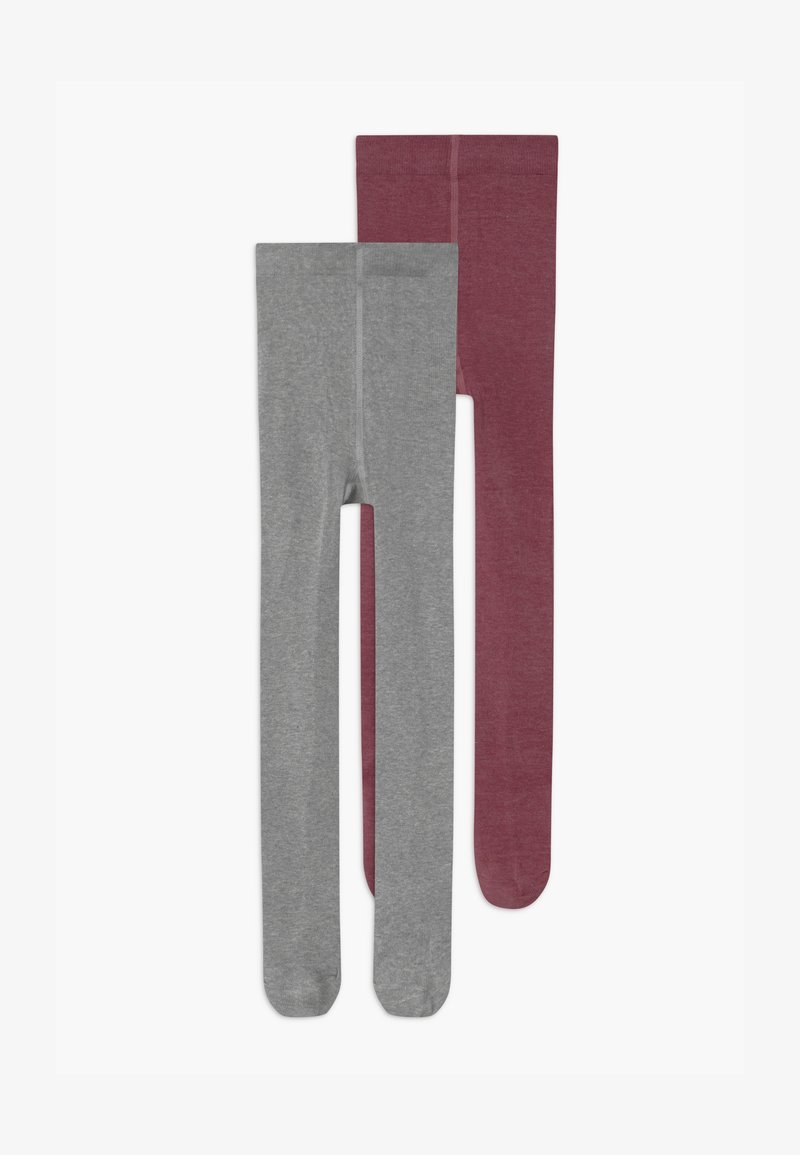 Due coppie di collant in grigio e bordeaux, realizzate in un tessuto morbido ed elastico. La coppia grigia è leggermente più corta e entrambe hanno una texture liscia.