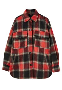 Veste chemise à carreaux rouge, noir et beige avec boutons, manches longues, col, deux poches poitrine à rabat et poches latérales passepoilées.
