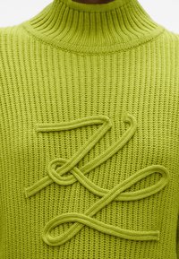 Helle grüne gestrickte Jacke mit hohem Kragen, die auf der Vorderseite ein dekoratives Loop-Design aus demselben Material aufweist.