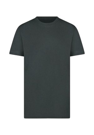 Donkergrijs katoenen T-shirt met een ronde hals, korte mouwen en een effen ontwerp. Heeft een gladde textuur en een rechte zoom.