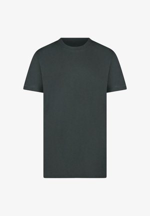 Donkergrijs katoenen T-shirt met een ronde hals, korte mouwen en een effen ontwerp. Heeft een gladde textuur en een rechte zoom.