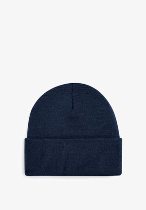 Navy blue knit beanie with a folded cuff, made of textured fabric. Features a smooth finish and a rounded top design.