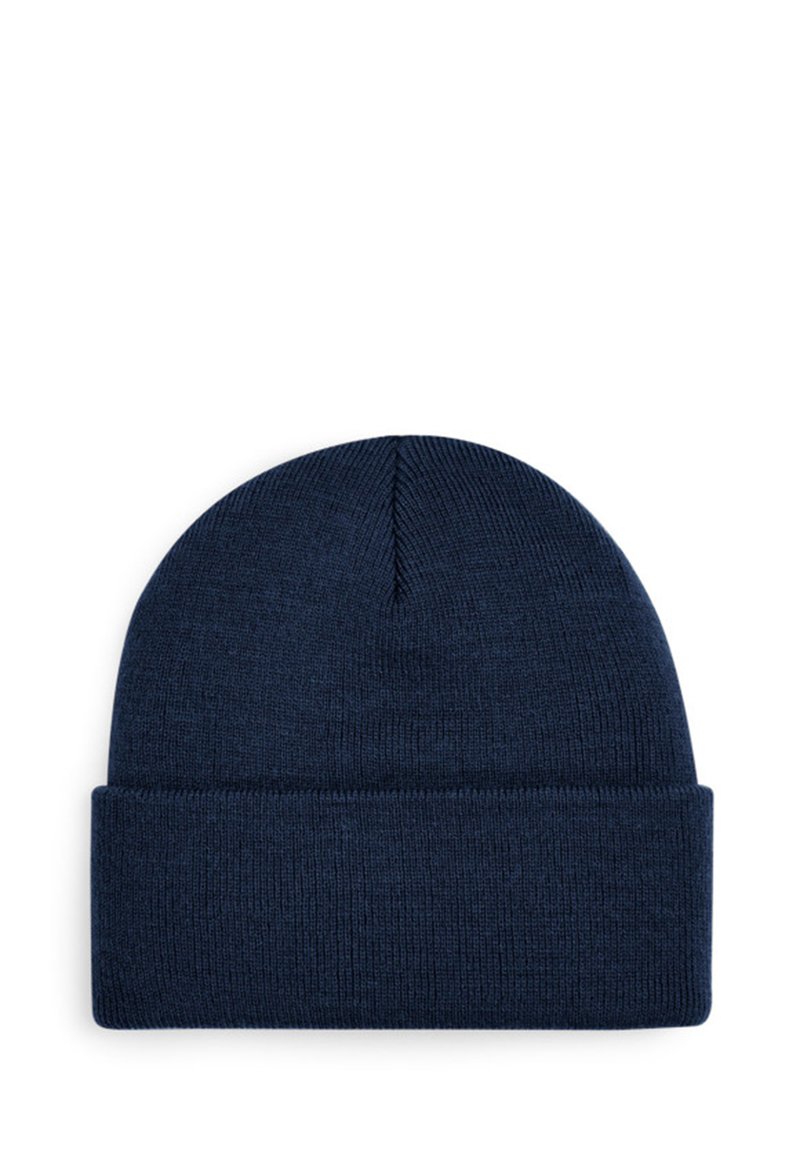 Navy blue knit beanie with a folded cuff, made of textured fabric. Features a smooth finish and a rounded top design.