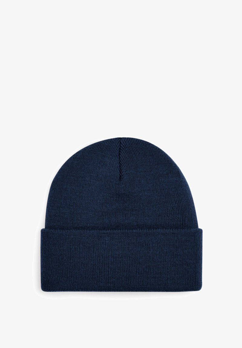 Navy blue knit beanie with a folded cuff, made of textured fabric. Features a smooth finish and a rounded top design.