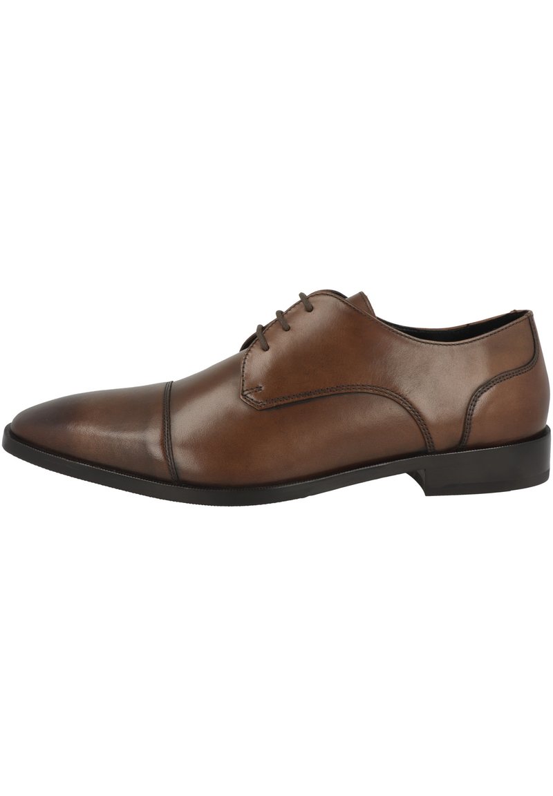 Braune Lederschuhe mit glatter Oberfläche, runder Zehenform, dezenten Steppdetails und niedriger schwarzer Gummisohle. Klassisches Schnürdesign.