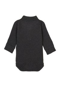 Donkergrijze geribbelde gebreide lange mouw bodysuit met een omklapbare kraag en afgeronde zoom, met een gestructureerde stof en manchetten.