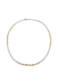 Halsketting met afwisselend zilveren en gouden schakels, voorzien van een kleine sluiting om vast te maken.