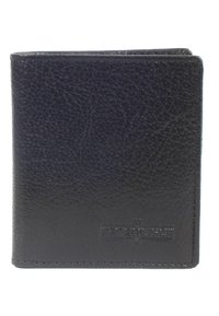 Zwarte leren portemonnee met een gestructureerde afwerking, bifold ontwerp, voorzien van een geperste logo en nette stiksels op de randen. Compakte en praktische vorm.