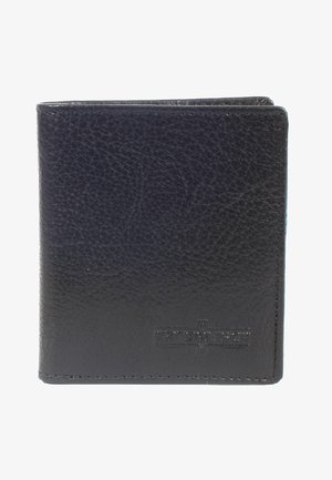 Schwarze Ledergeldbörse mit strukturiertem Finish, im zeitlosen Bi-Fold-Design. Sie verfügt über ein geprägtes Logo und saubere Steppnähte an den Kanten. Kompakte und praktische Form.