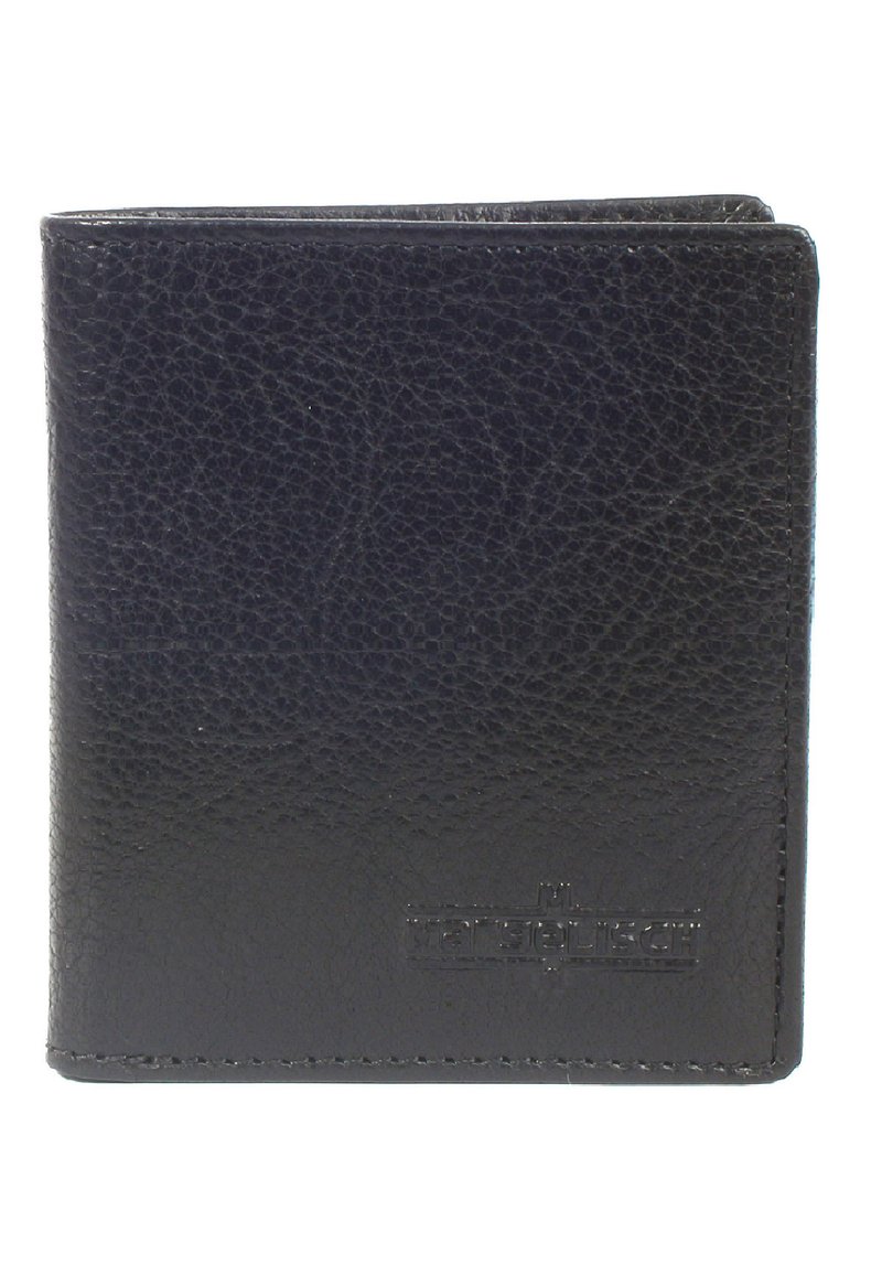 Zwarte leren portemonnee met een gestructureerde afwerking, bifold ontwerp, voorzien van een geperste logo en nette stiksels op de randen. Compakte en praktische vorm.