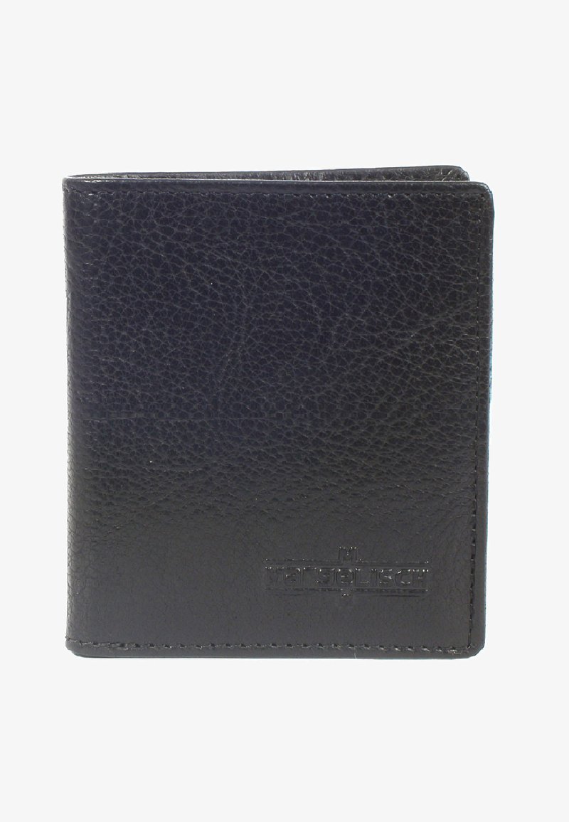 Zwarte leren portemonnee met een gestructureerde afwerking, bifold ontwerp, voorzien van een geperste logo en nette stiksels op de randen. Compakte en praktische vorm.