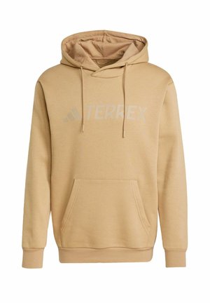 Beige huppari, joka on valmistettu pehmeästä kankaasta ja jossa on etupussitasku, nyörit ja sävyyn sopiva "TERREX"-logo rinnan kohdalla.