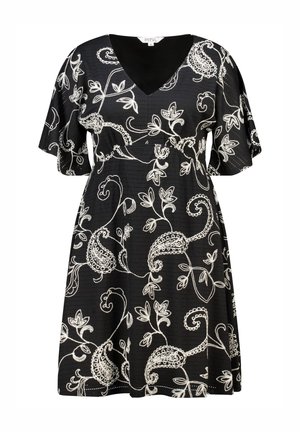 Zwarte jurk met korte mouwen met witte bloemen- en paisleyprint, V-hals en licht uitlopende rok.