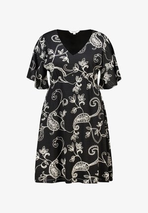 Zwarte jurk met korte mouwen met witte bloemen- en paisleyprint, V-hals en licht uitlopende rok.