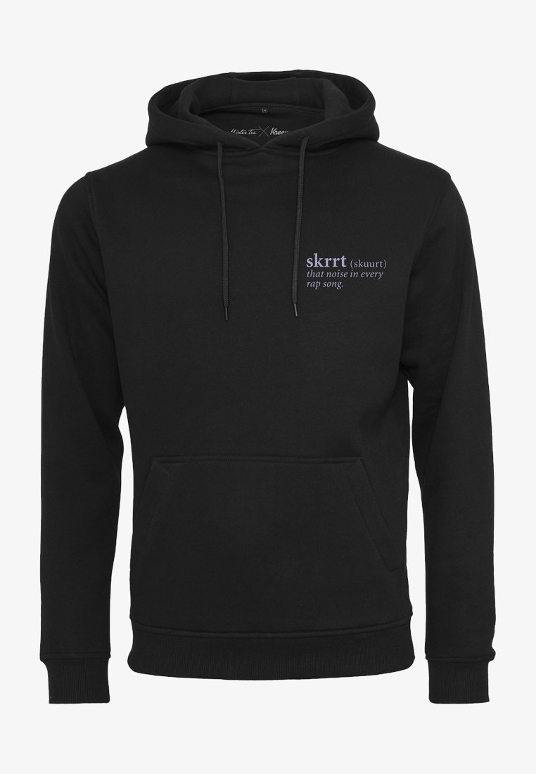 Black hoodie made of cotton-blend fabric featuring a front kangaroo pocket, adjustable drawstring hood, and purple text graphic.