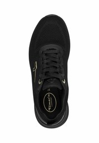 Black athletic shoe with a mesh upper, gold accents, lace-up design, cushioned insole, and textured rubber outsole. Size 37.