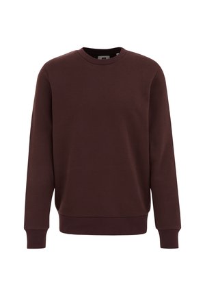 Burgundia värvi sviiter, mis on valmistatud pehmest kangast, sisaldab pikki varrukaid, soonikku cuffs ja sileda tekstuuri.