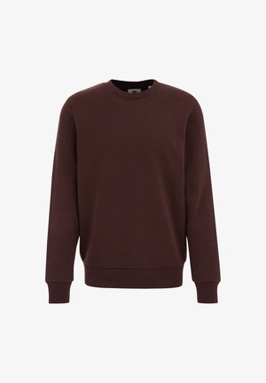 Burgundia värvi sviiter, mis on valmistatud pehmest kangast, sisaldab pikki varrukaid, soonikku cuffs ja sileda tekstuuri.