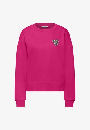 Felle roze longsleeve trui met geribbelde manchetten en zoom, met een klein hartje met luipaardprint op de linkerborst.