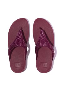 Paarse teenslippers met een textuur rubberen zool en een riemontwerp met platte strassteentjes over het bovenwerk.