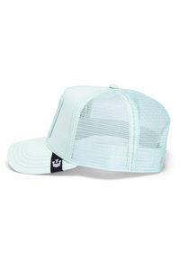 Casquette bleu clair avec un devant en tissu solide, un dos en mesh, une visière courbée et une étiquette noire avec un logo de couronne sur le côté.