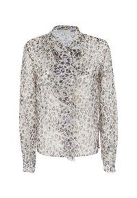 Blusa con stampa leopardata in tessuto leggero, con maniche lunghe, una parte anteriore arricciata e un collo a camicia. Toni prevalentemente grigi e beige.