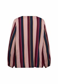 Chemisier à manches longues avec des rayures verticales multicolores dans des tones de rose, marine, bordeaux et moutarde. Tissu doux, coupe décontractée, poignets élastiques.
