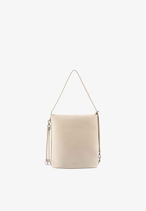 Beige Lederschultertasche mit verstellbarem Riemen und dekorativen Quasten, rechteckige Form, minimalistisches Design, glatte Textur.