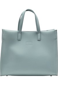 Jasnoniebieska torebka typu tote z dwoma uchwytami, prostokątna forma, teksturowana powierzchnia i minimalistyczny design. Bez widocznych elementów metalowych ani akcentów.