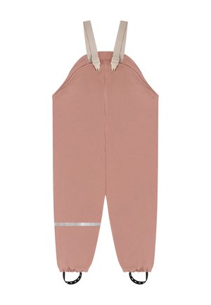 Salopette impermeabile da bambino rosa chiaro con bretelle beige, caviglie elasticizzate, cinturini neri per i piedi e una striscia riflettente vicino all'orlo.