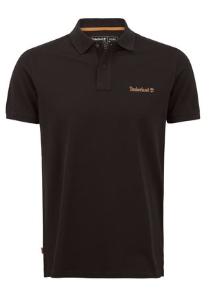Czarna koszulka polo z gładkiej tkaniny, z kołnierzykiem, krótkimi rękawami oraz małym brązowym logo Timberland na piersi.