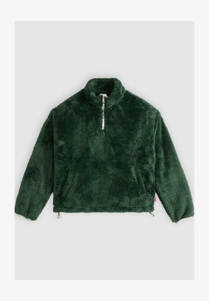 Dunkelgrüner Fleecepullover mit langen Ärmeln und halbem Reißverschluss, hohem Kragen und Fronttaschen, auf hellgrauem Hintergrund dargestellt.